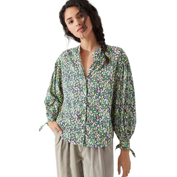 Maeve Anthropologie Ashleigh Shirt Floral Tie Puff Long Sleeve Button Up Small - Picture 2 of 9